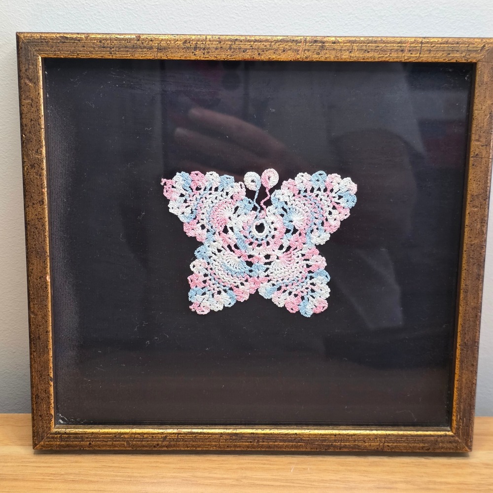 Vintage Handmade Framed Crocheted Butterfly Art Blue Pink White Qty 2 1976 - Picture 3 of 8